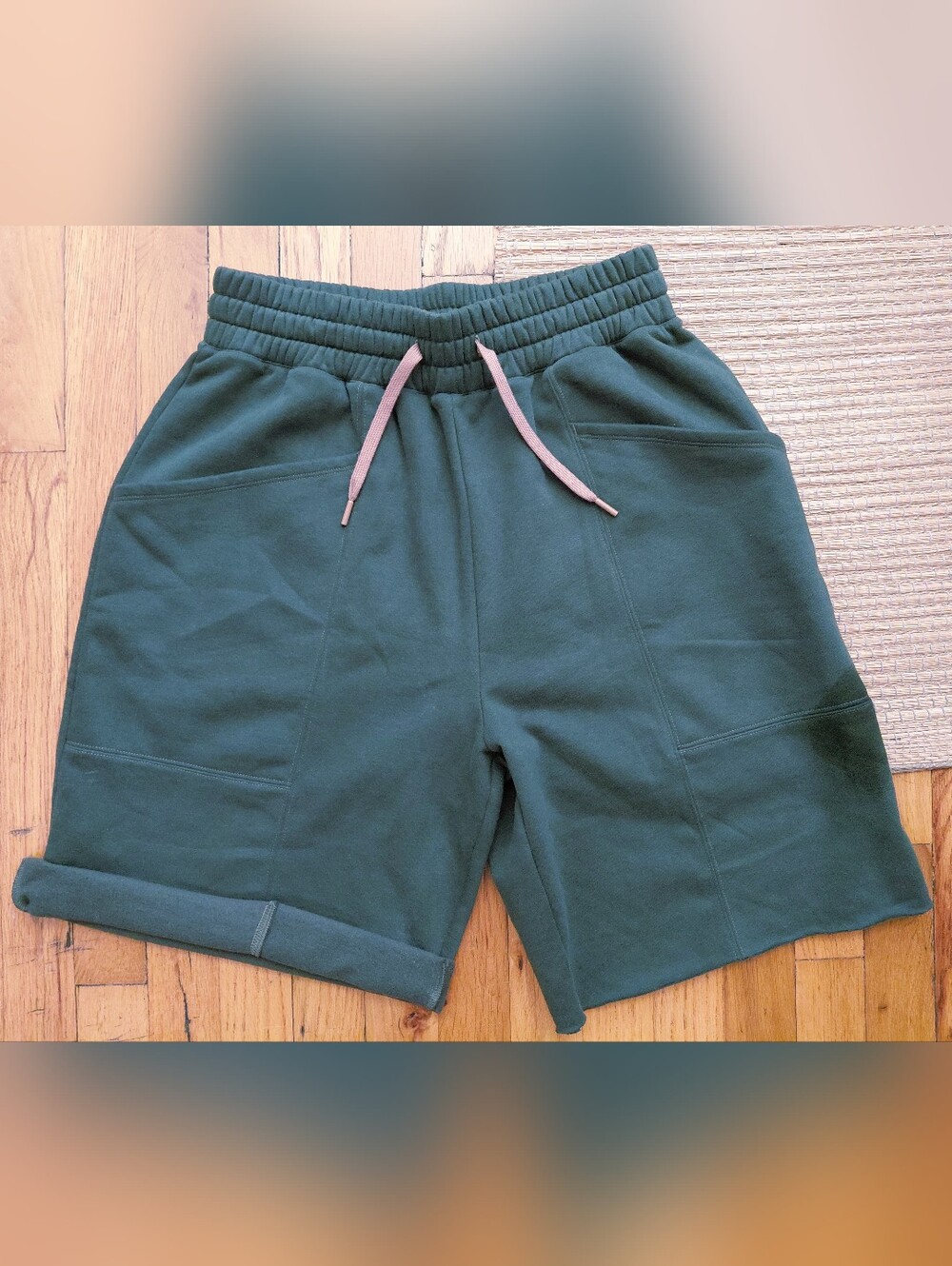 Never Worn-Beyond Yoga Forest Green Unisex Pull-On Shorts with Pink Drawstring